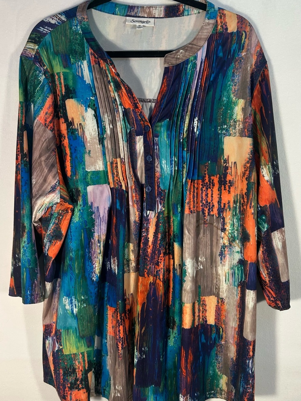 Serengeti Abstract Brushstroke Button-Front Tunic in Blue, Green, Orange, Cream